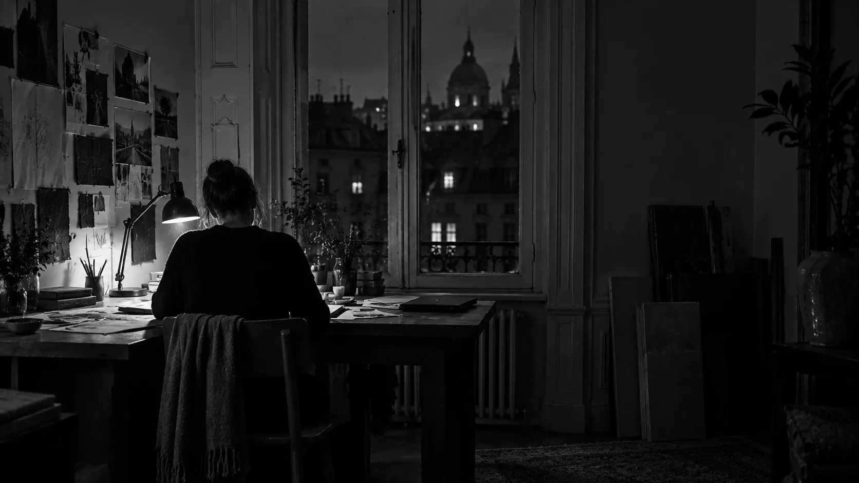 A designer working late at a desk by a tall window in an old apartment, a lit dome across the rooftops.