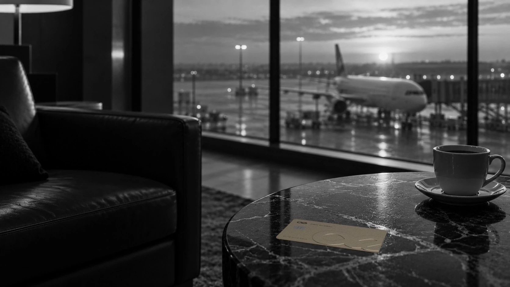 An Elite Plus Gold card on a marble table in an airport lounge