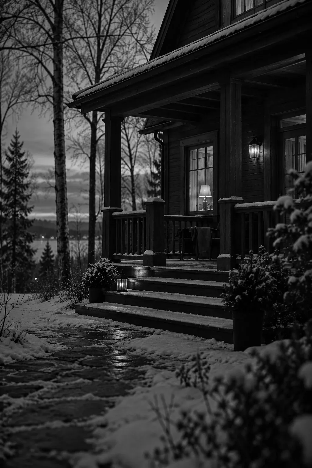 A wooden house with a porch in early winter, light snow on the steps and a lamp in the window.