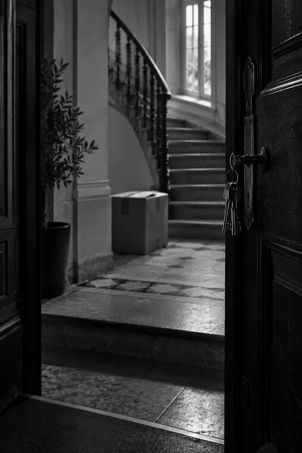 An apartment door ajar with keys in the lock, a stone stairwell and a moving box behind it.