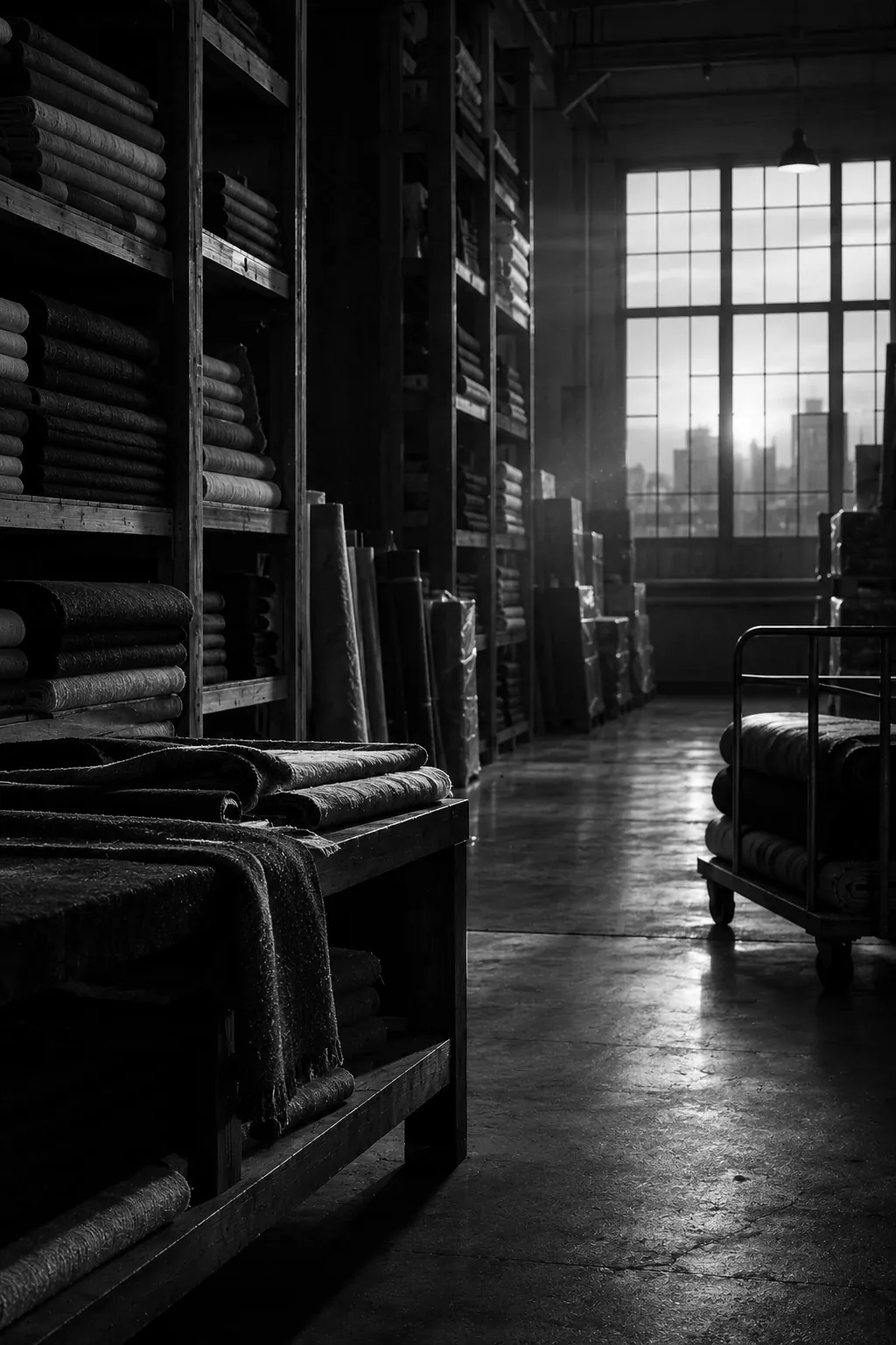 A warehouse at dusk with shelves of folded fabric and a loaded trolley by a tall window.