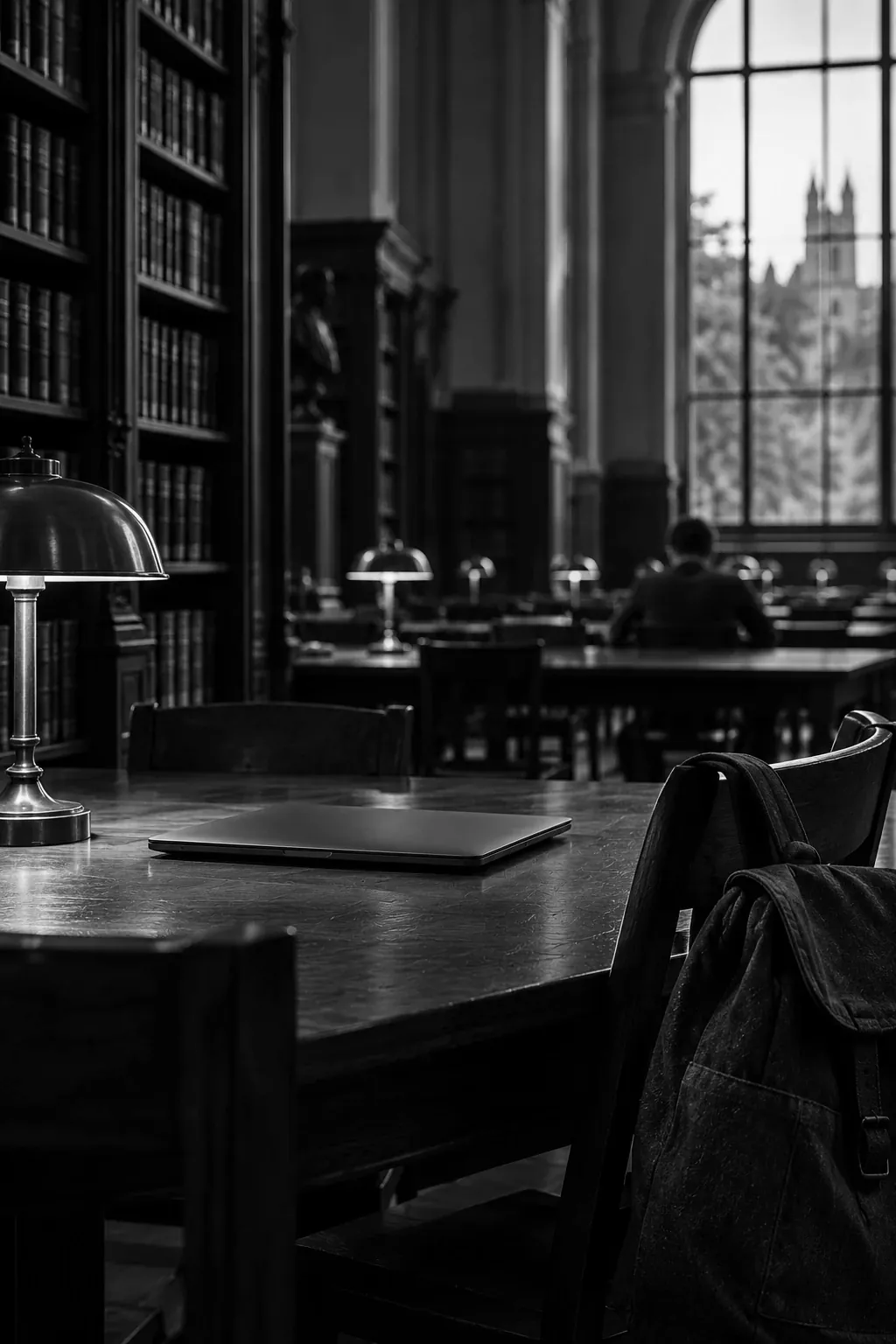 A university library reading room with brass lamps, a closed laptop and a backpack on a chair.