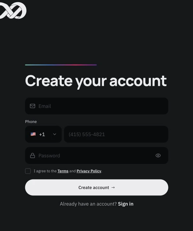 OWN registration screen with Email, Phone, Password, agreement checkbox and Create account button