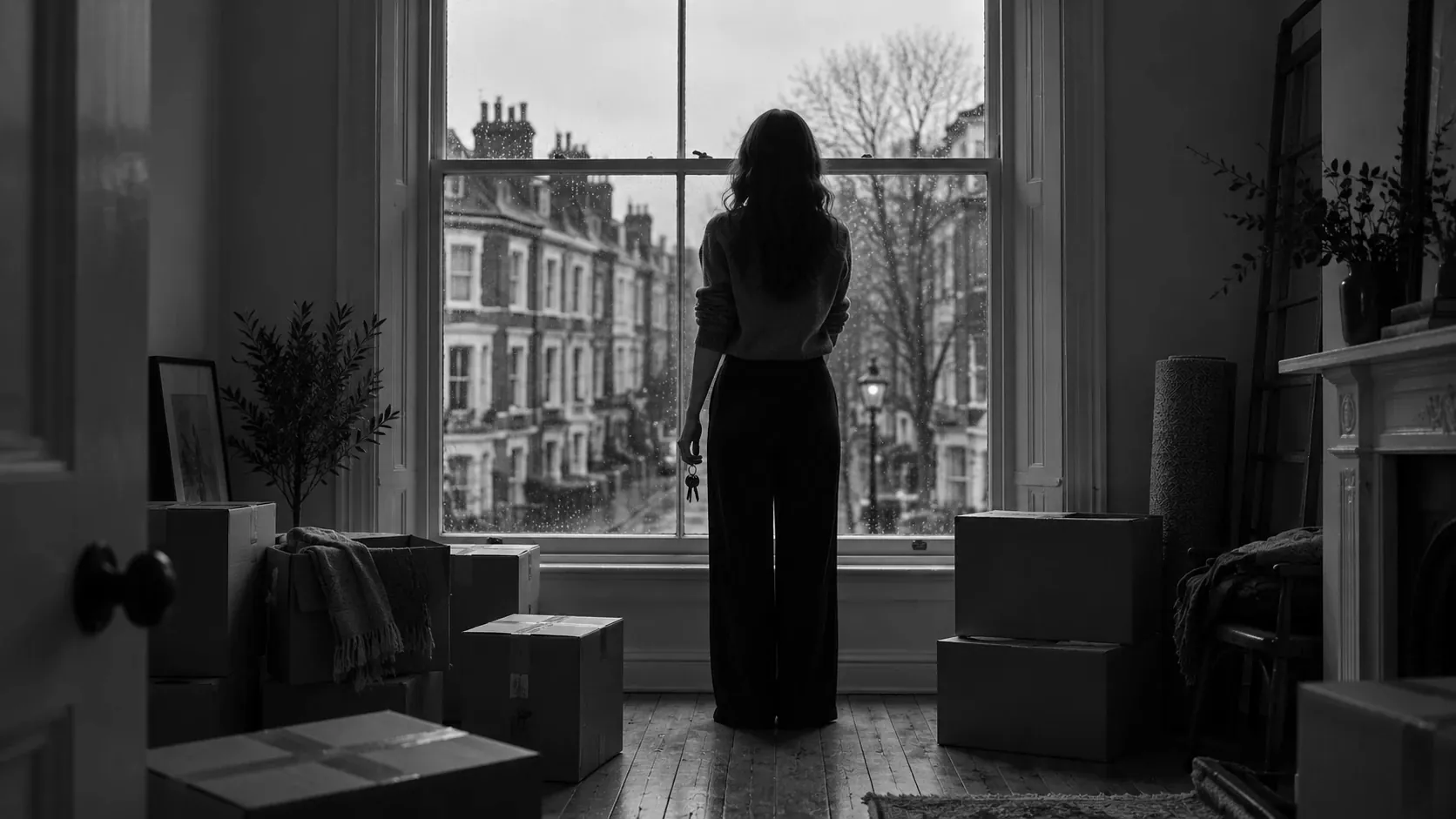 A woman at a tall window in a London flat on moving-in day, holding a set of keys.