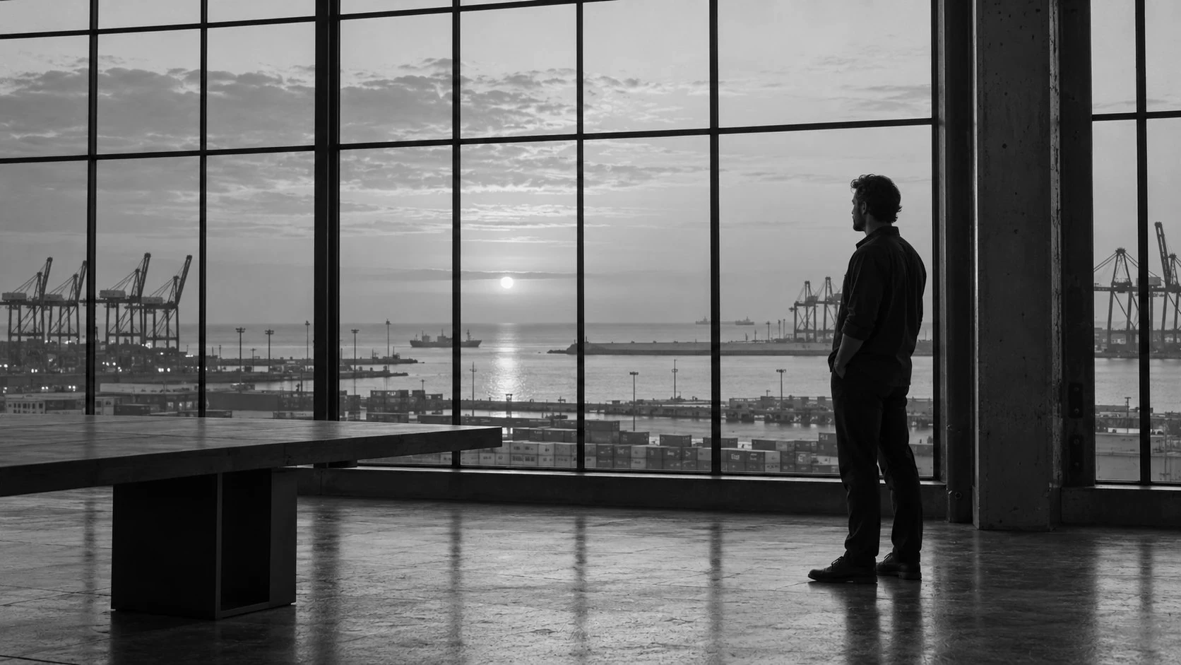 A founder at a tall window overlooking a container port at sunrise